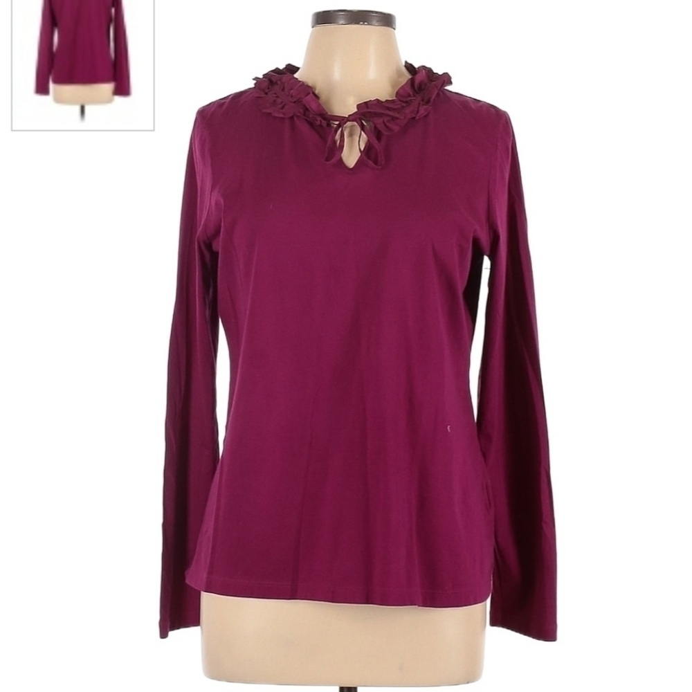 Land's End Maroon Ruffle Tie Neck Long Sleeve 100% Cotton Top Womens L 14-16 EUC